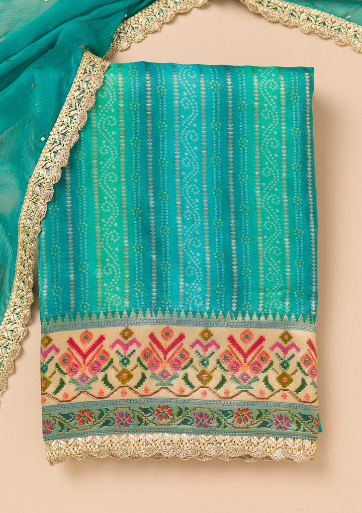 Turquoise Blue Threadwork Semi Crepe Unstitched Salwar Suit-Koskii