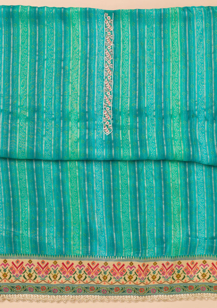 Turquoise Blue Threadwork Semi Crepe Unstitched Salwar Suit-Koskii