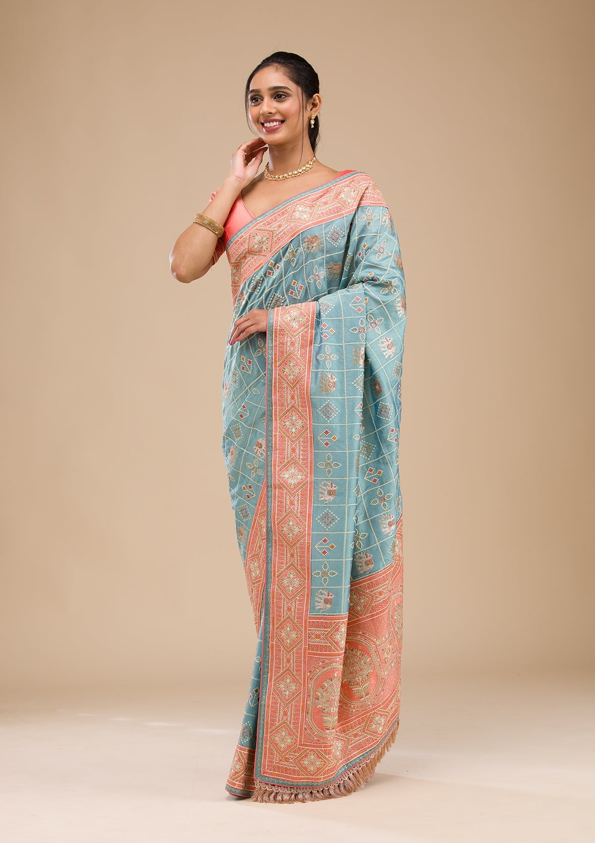 Turquoise Blue Threadwork Semi Crepe Saree