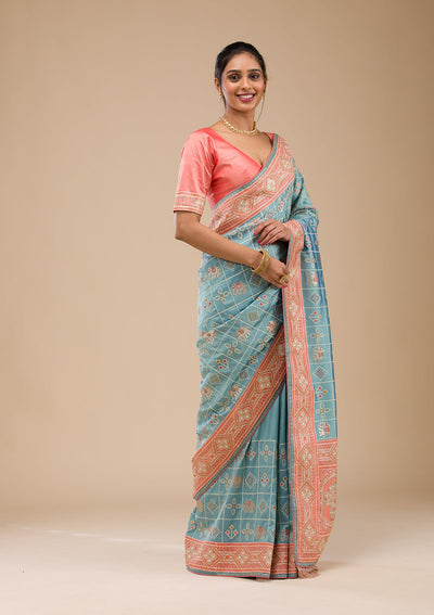 Turquoise Blue Threadwork Semi Crepe Saree