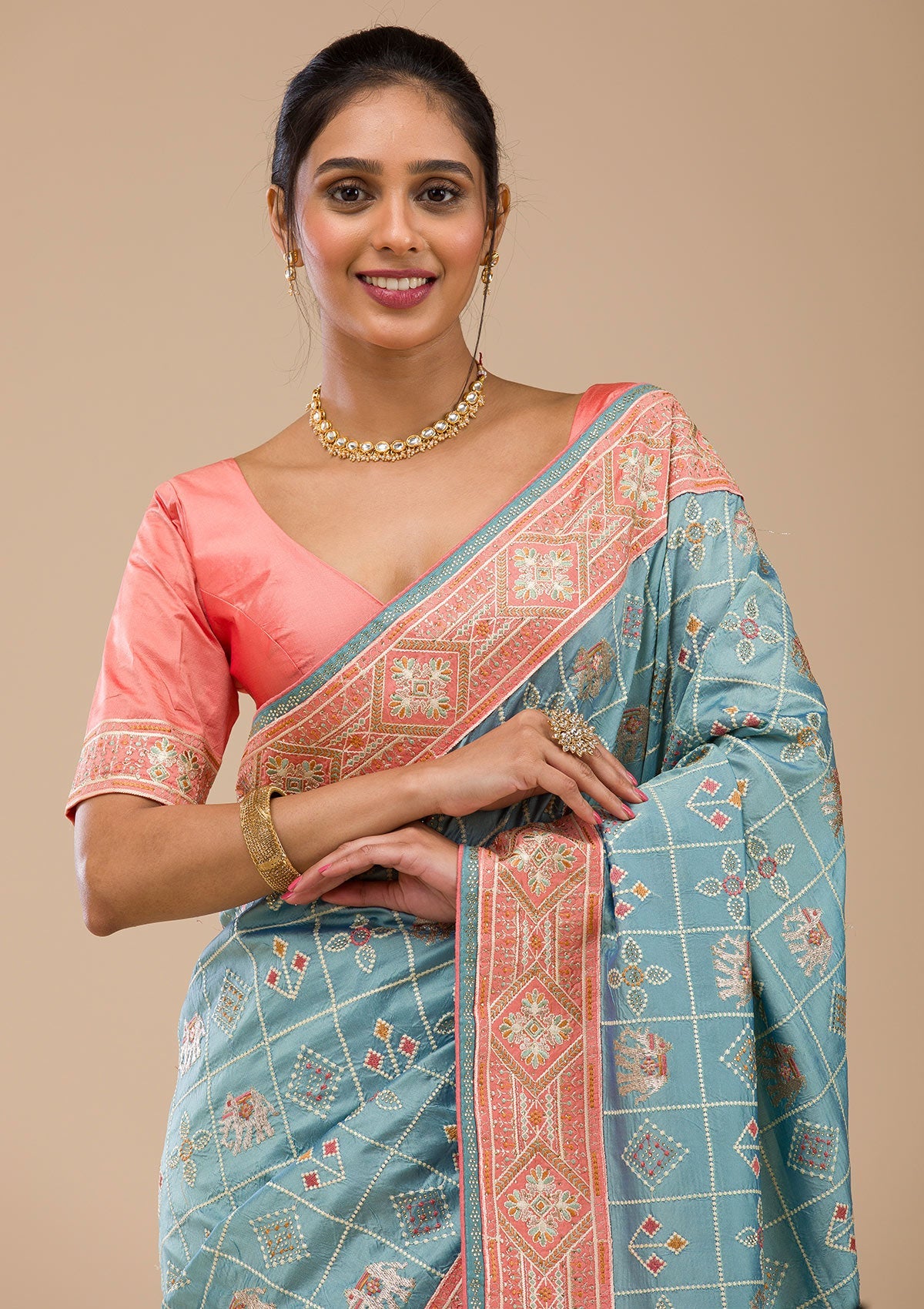 Turquoise Blue Threadwork Semi Crepe Saree