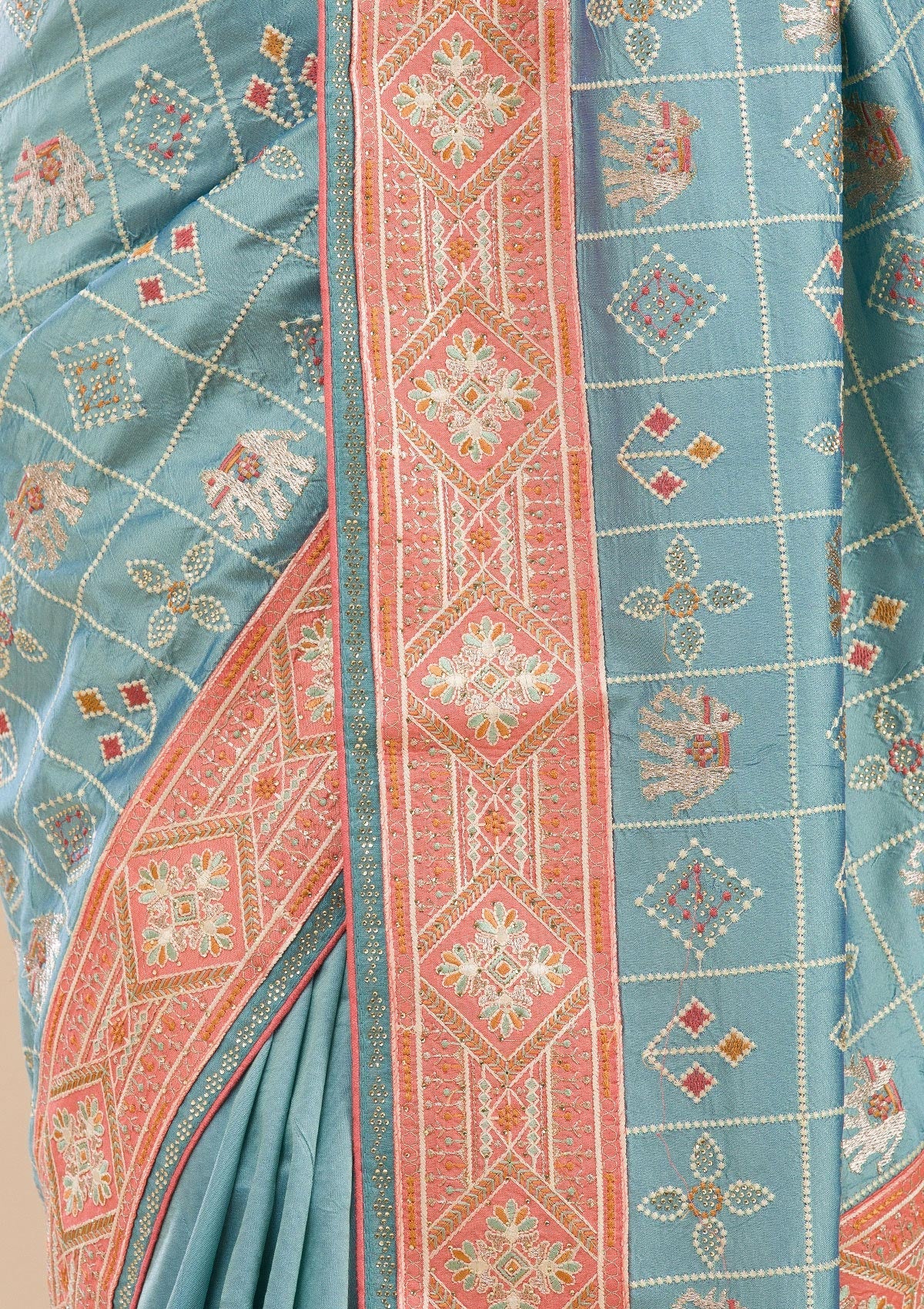 Turquoise Blue Threadwork Semi Crepe Saree