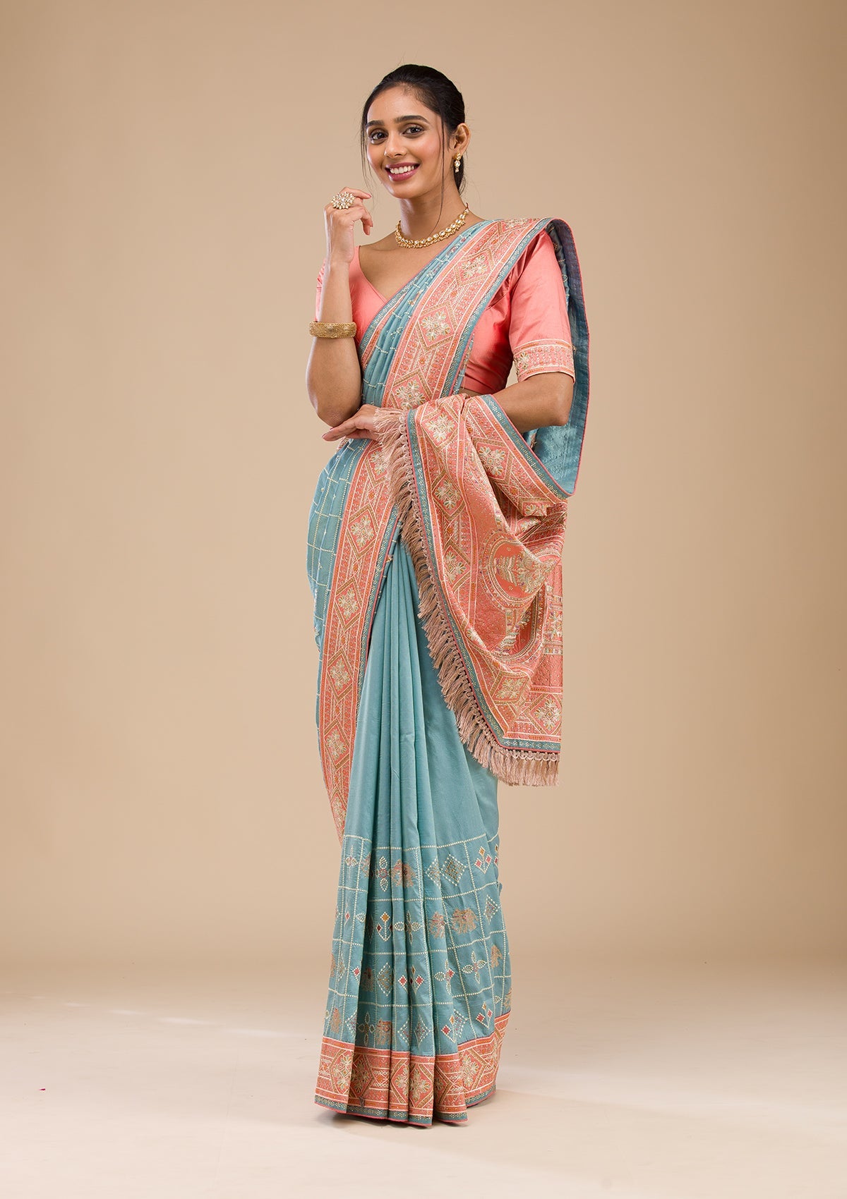 Turquoise Blue Threadwork Semi Crepe Saree