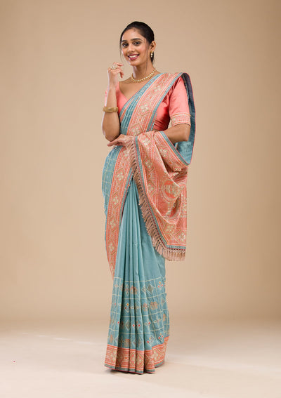 Turquoise Blue Threadwork Semi Crepe Saree