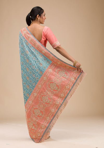 Turquoise Blue Threadwork Semi Crepe Saree