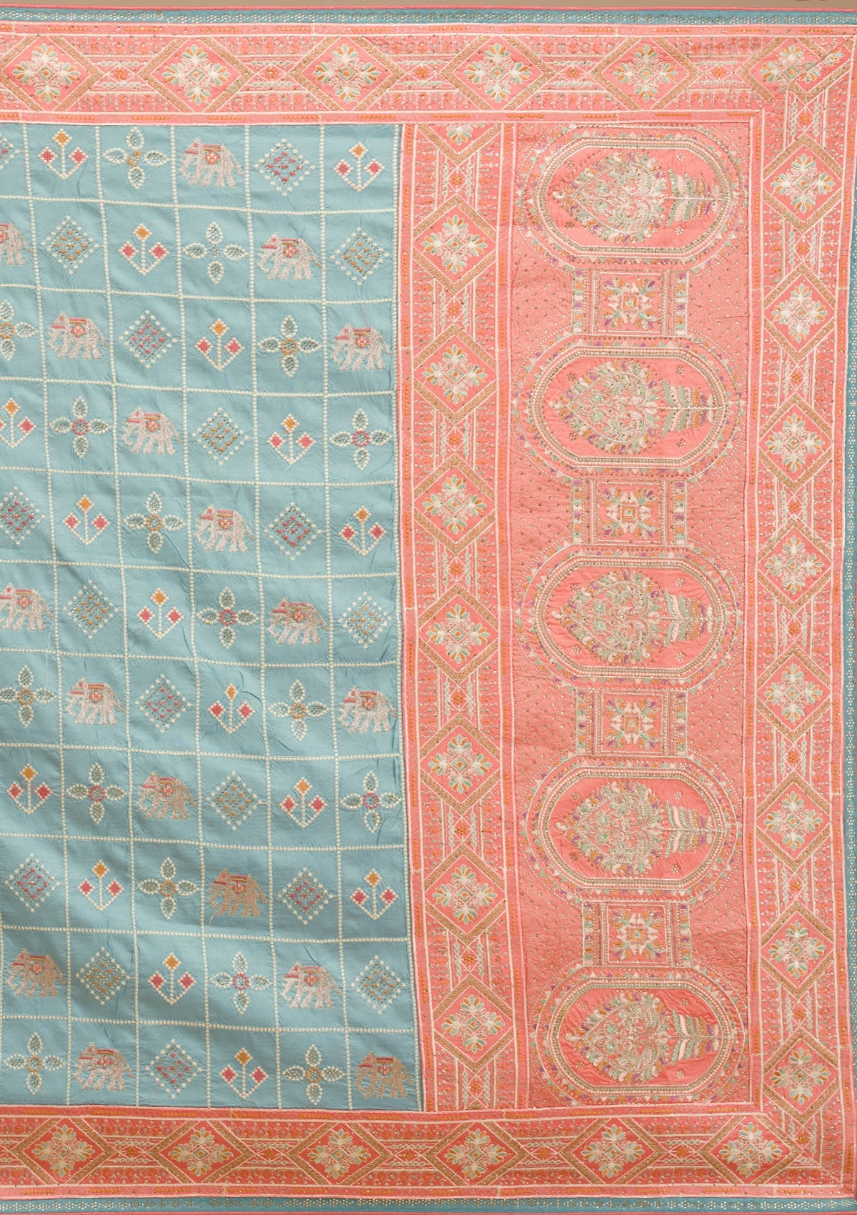 Turquoise Blue Threadwork Semi Crepe Saree