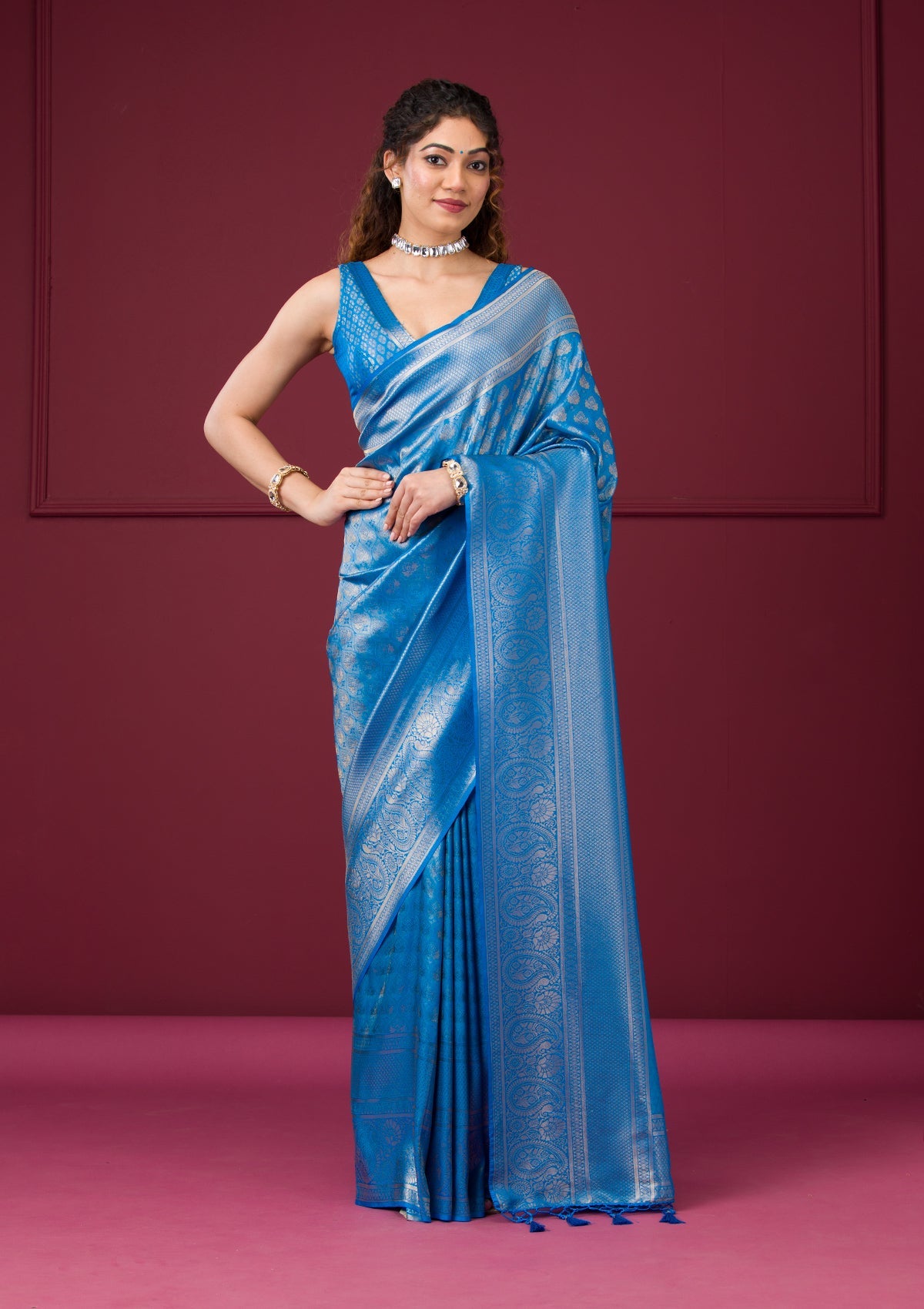 Turquoise Blue Zariwork Art Silk Saree