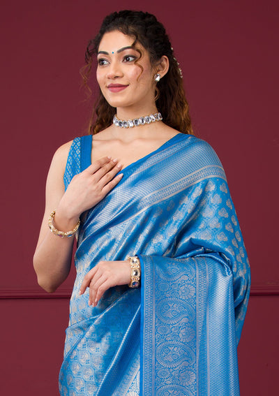 Turquoise Blue Zariwork Art Silk Saree