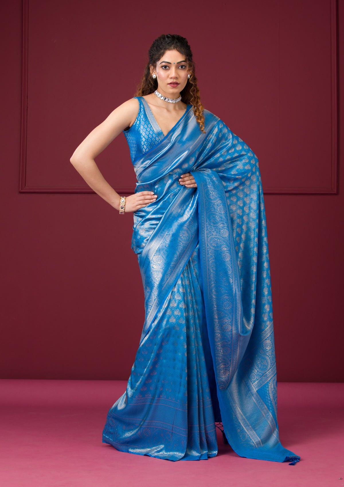 Turquoise Blue Zariwork Art Silk Saree