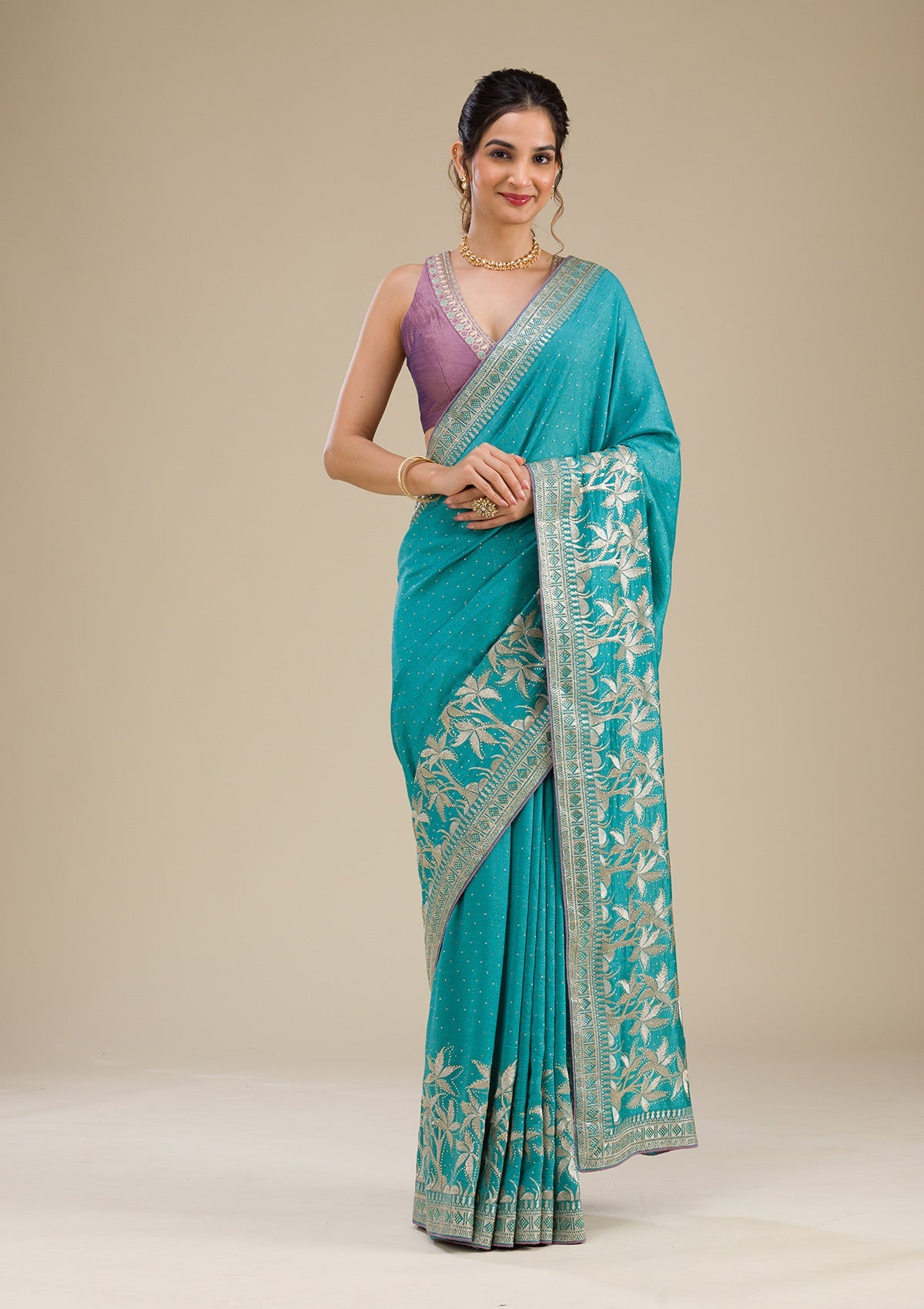 Turquoise Blue Zariwork Art Silk Saree-Koskii