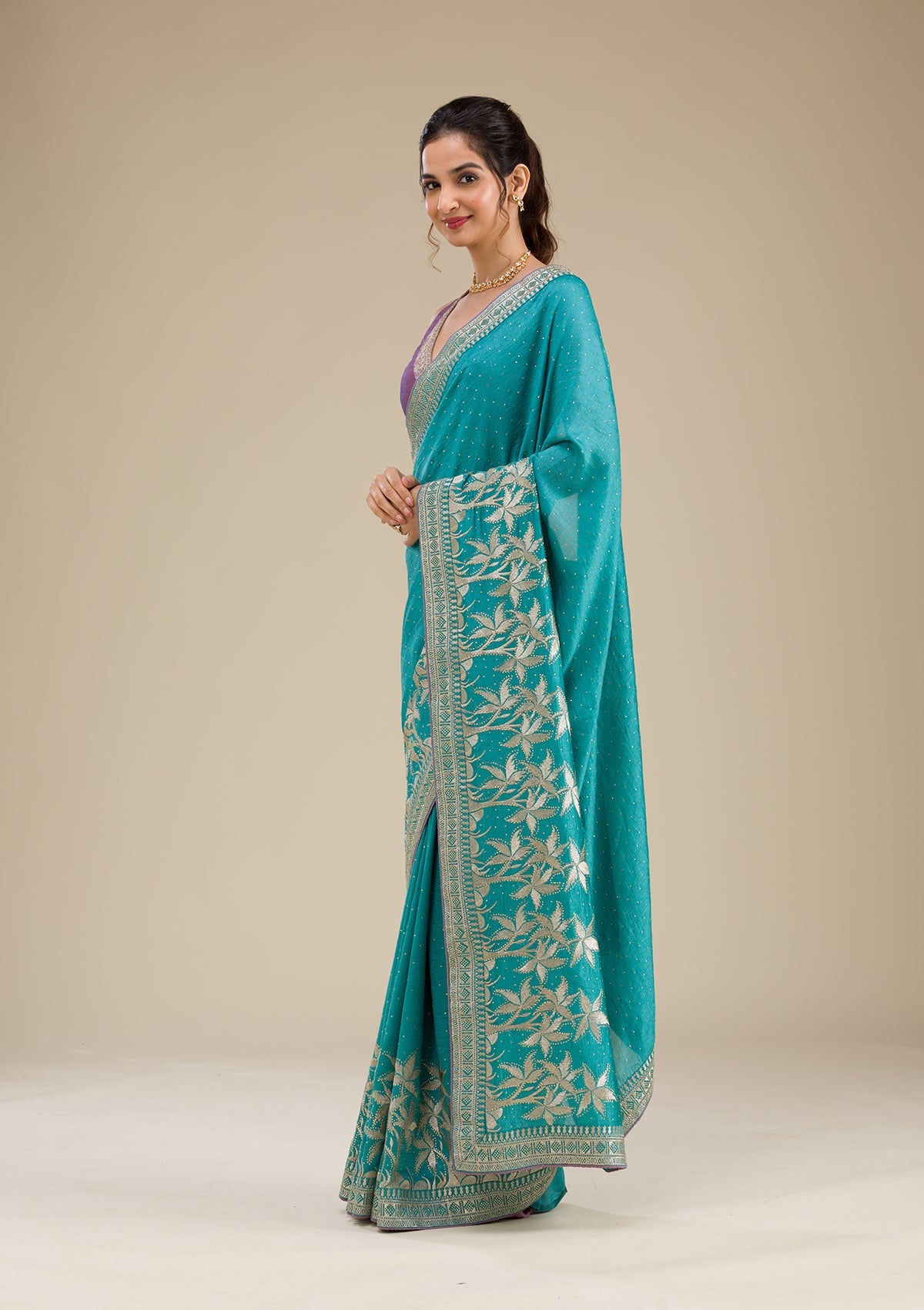 Turquoise Blue Zariwork Art Silk Saree-Koskii