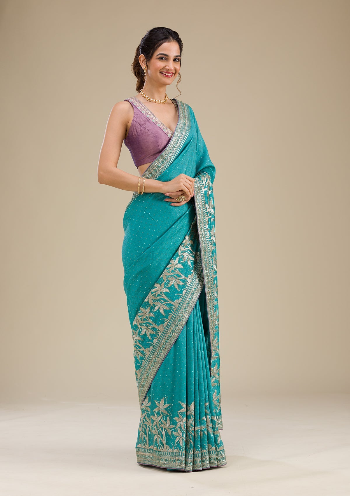 Turquoise Blue Zariwork Art Silk Saree-Koskii