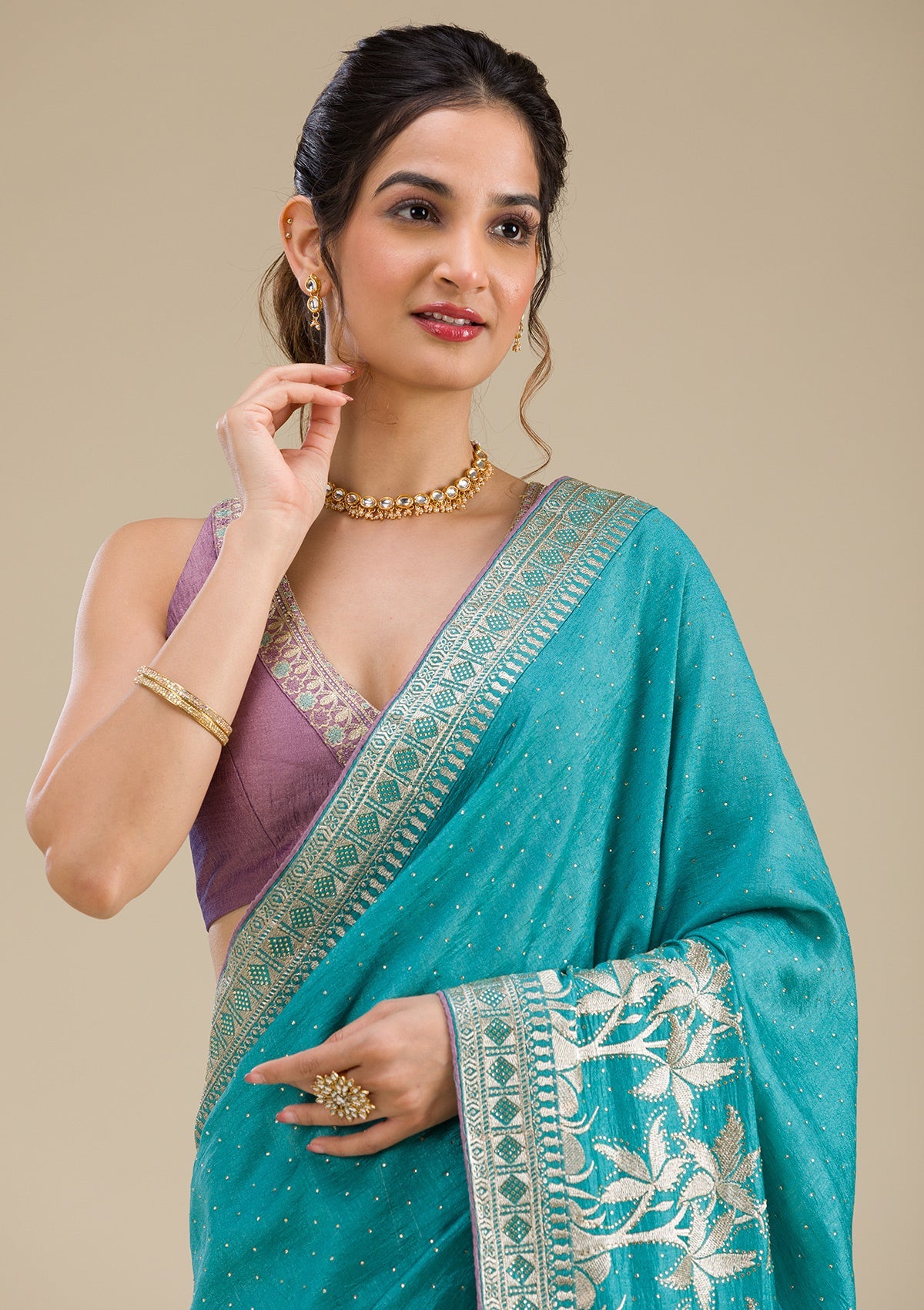 Turquoise Blue Zariwork Art Silk Saree-Koskii