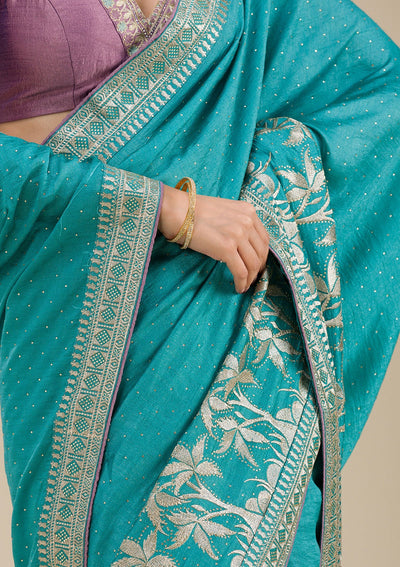 Turquoise Blue Zariwork Art Silk Saree-Koskii