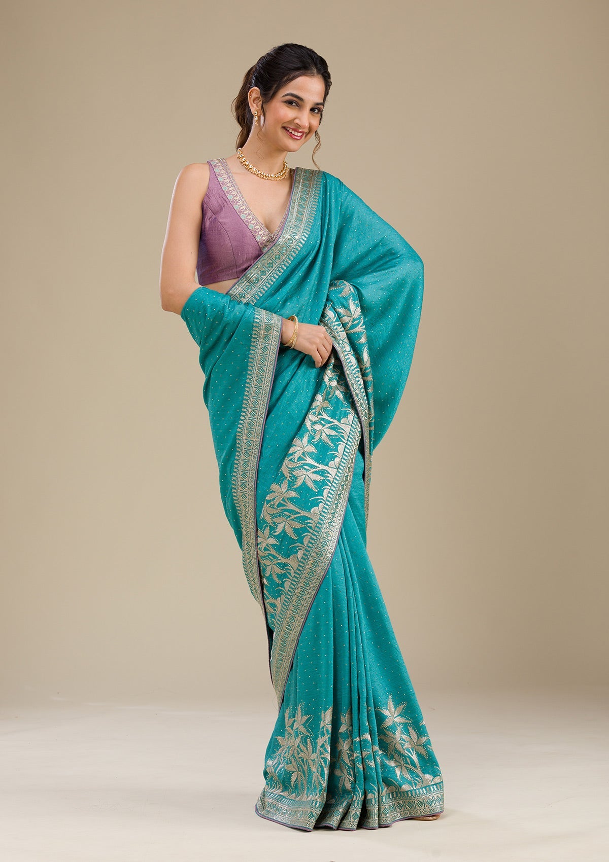 Turquoise Blue Zariwork Art Silk Saree-Koskii