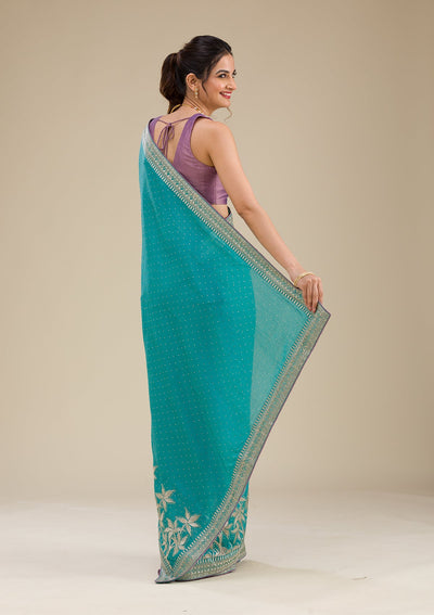 Turquoise Blue Zariwork Art Silk Saree-Koskii