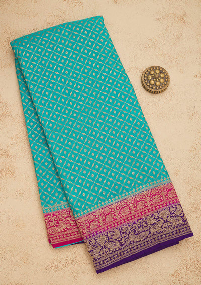 Turquoise Blue Zariwork Art Silk Saree-Koskii