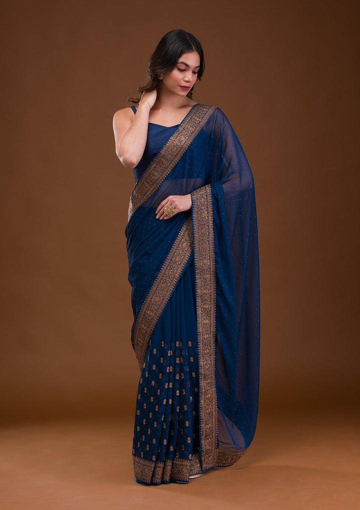 Turquoise Blue Zariwork Georgette Saree-Koskii
