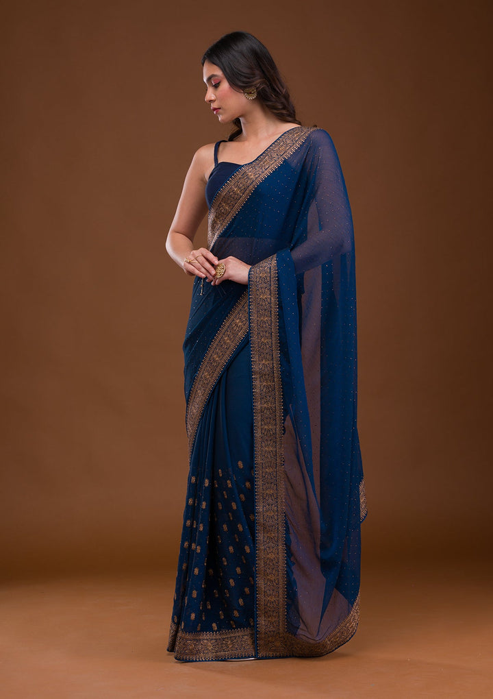 Turquoise Blue Zariwork Georgette Saree-Koskii