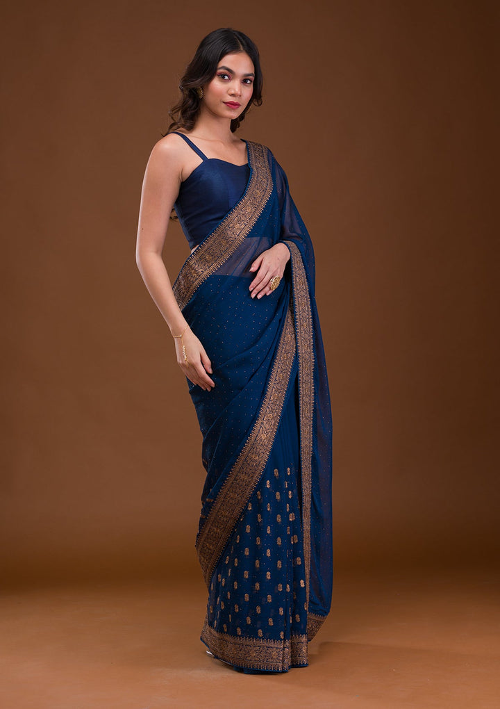 Turquoise Blue Zariwork Georgette Saree-Koskii