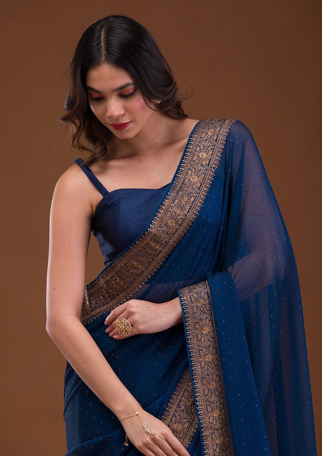 Turquoise Blue Zariwork Georgette Saree-Koskii