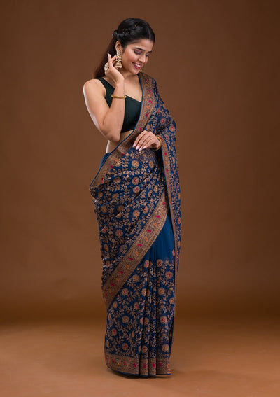 Turquoise Blue Zariwork Georgette Saree-Koskii