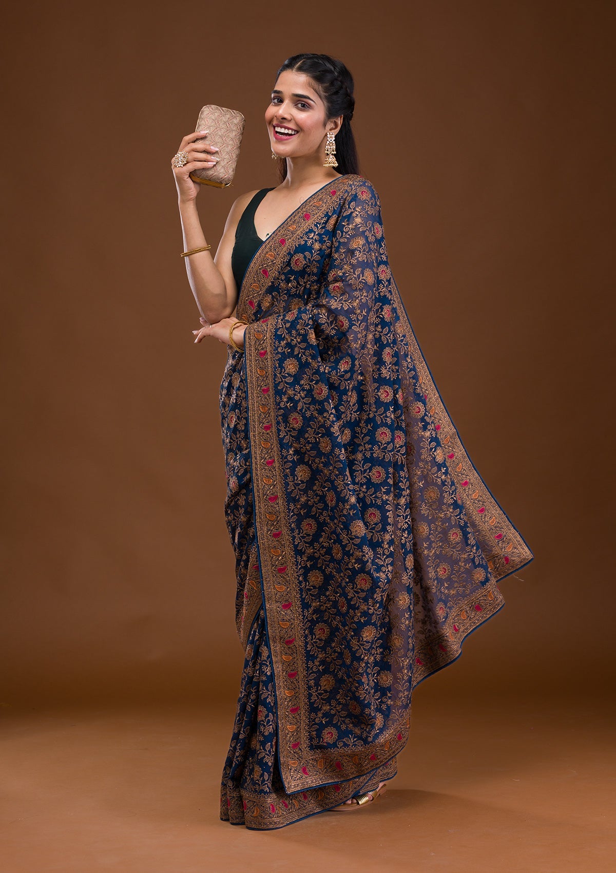 Turquoise Blue Zariwork Georgette Saree-Koskii