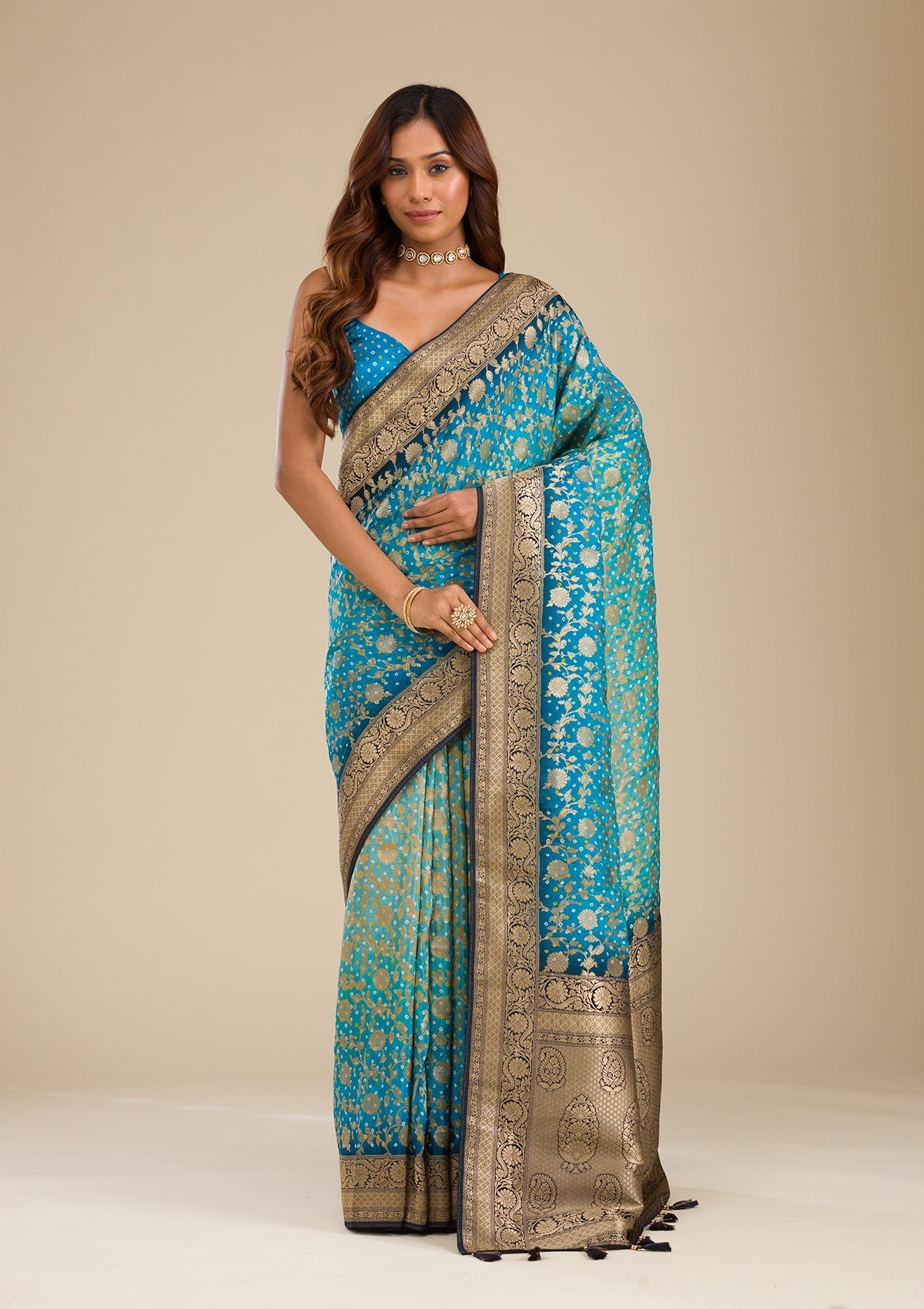 Turquoise Blue Zariwork Georgette Saree-Koskii