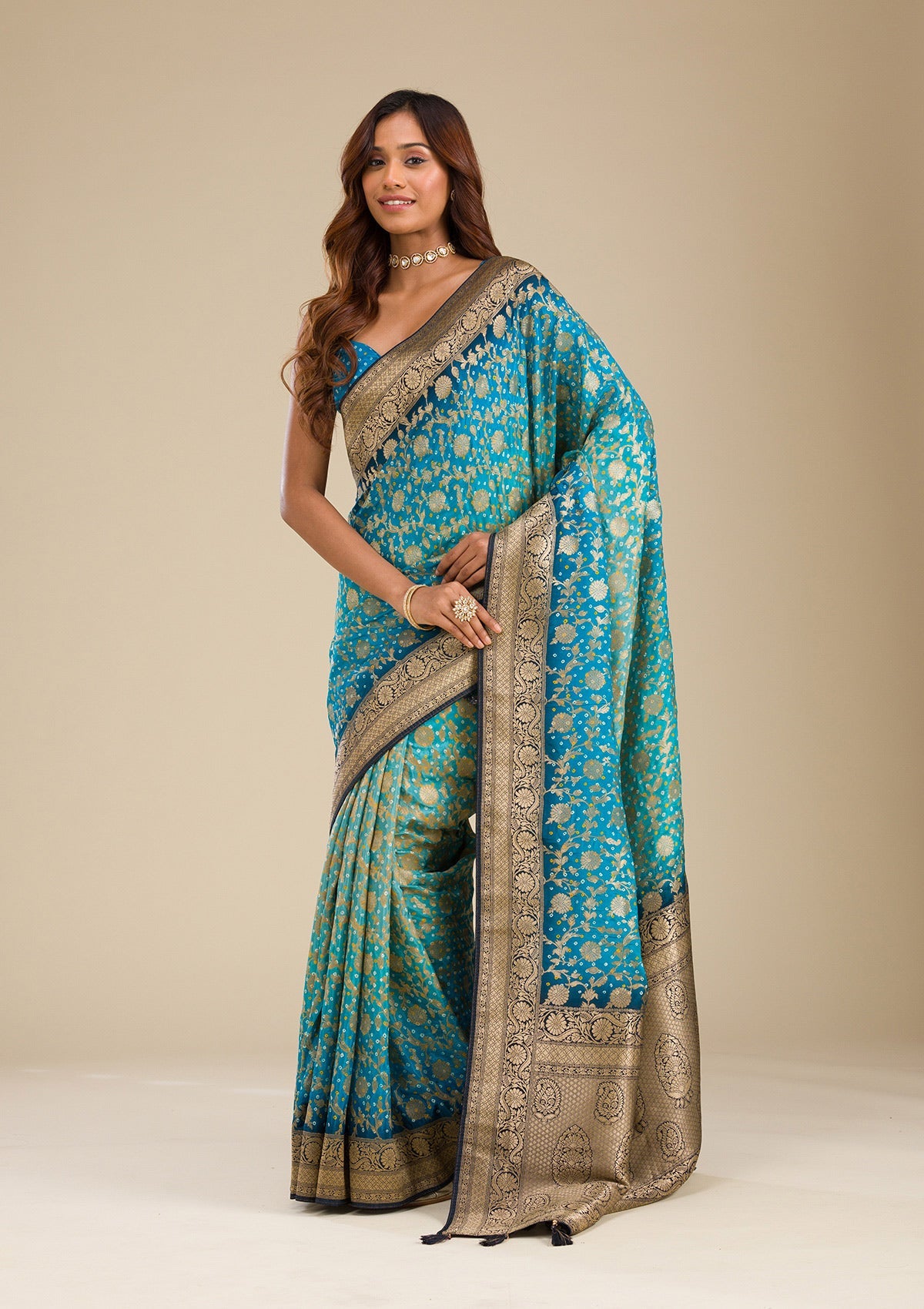 Turquoise Blue Zariwork Georgette Saree-Koskii