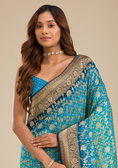 Turquoise Blue Zariwork Georgette Saree-Koskii