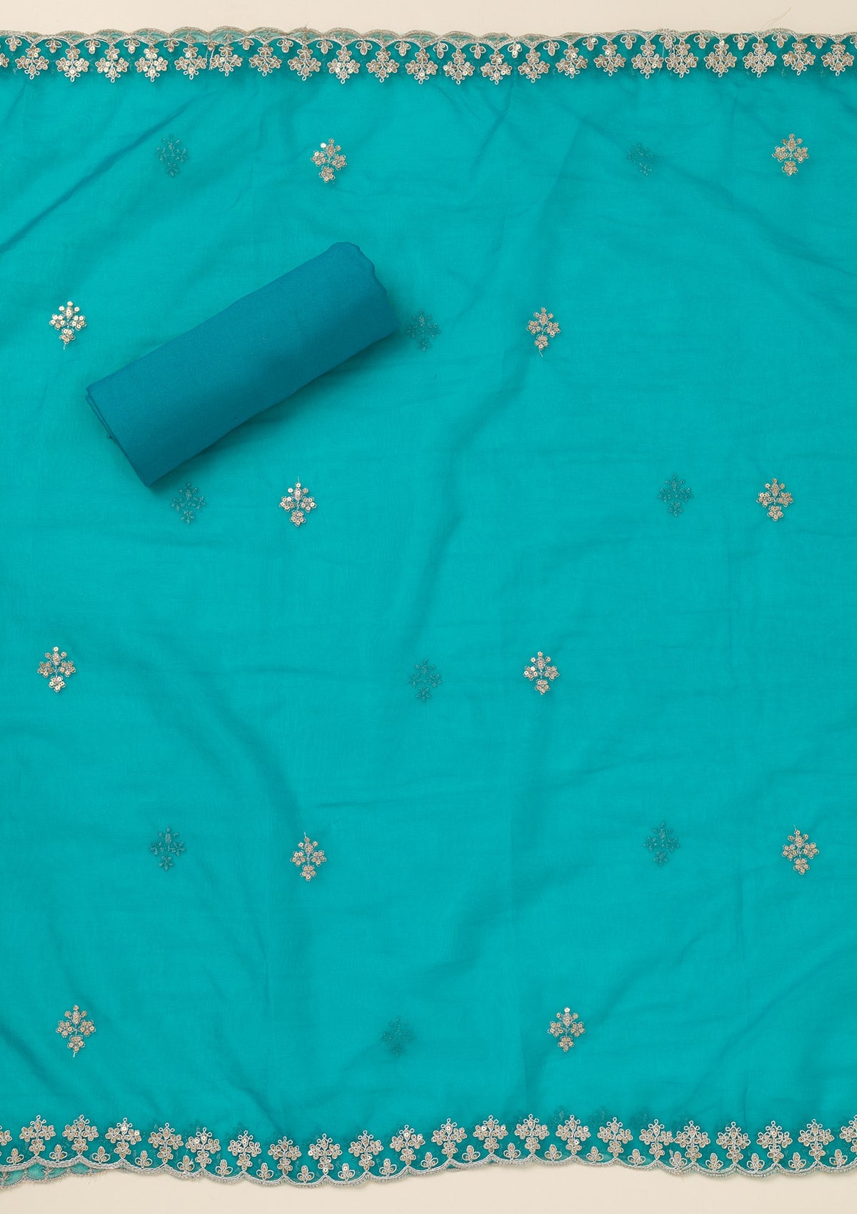 Turquoise Blue Zariwork Organza Unstitched Salwar Suit-Koskii