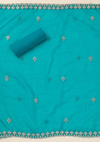 Turquoise Blue Zariwork Organza Unstitched Salwar Suit-Koskii