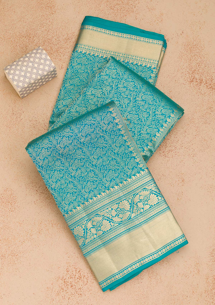 Turquoise Blue Zariwork Pure Silk Saree-Koskii