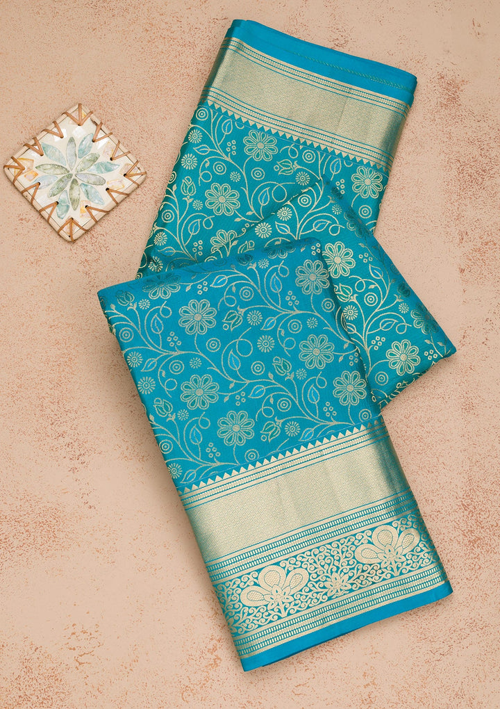 Turquoise Blue Zariwork Pure Silk Saree-Koskii