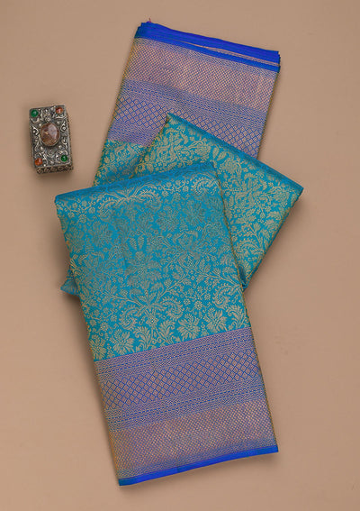 Turquoise Blue Zariwork Pure Silk Saree-Koskii