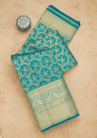 Turquoise Blue Zariwork Pure Silk Saree-Koskii