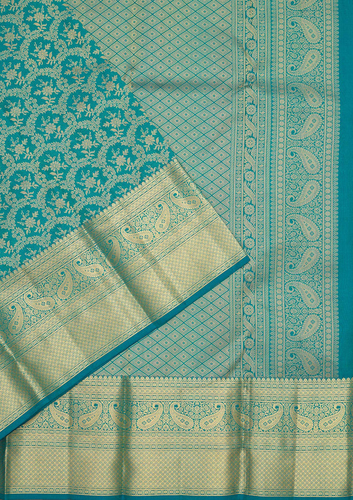 Turquoise Blue Zariwork Pure Silk Saree-Koskii