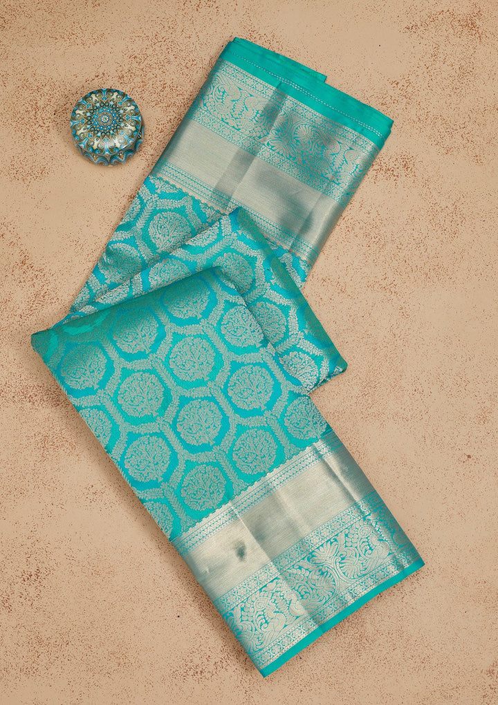 Turquoise Blue Zariwork Pure Silk Saree-Koskii
