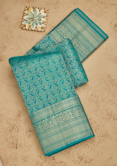 Turquoise Blue Zariwork Pure Silk Saree-Koskii