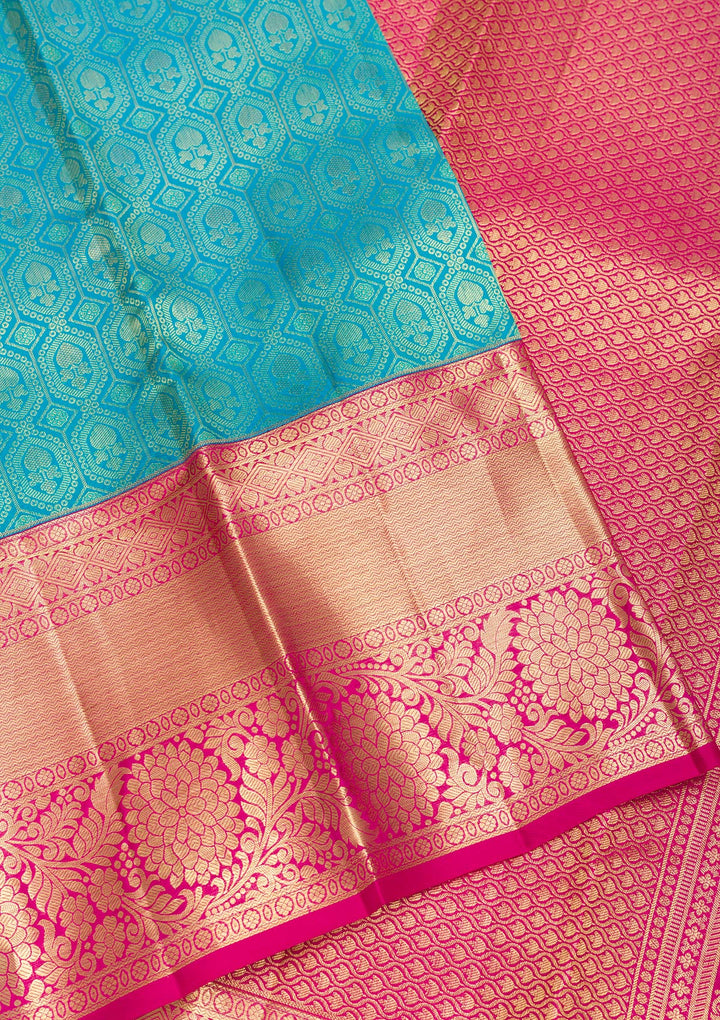 Turquoise Blue Zariwork Pure Silk Saree-Koskii