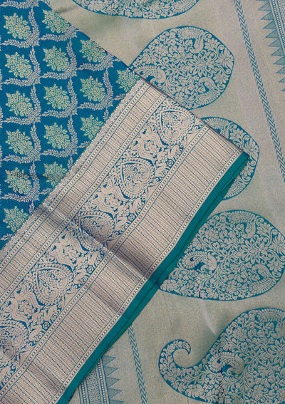 Turquoise Blue Zariwork Pure Silk Saree-Koskii