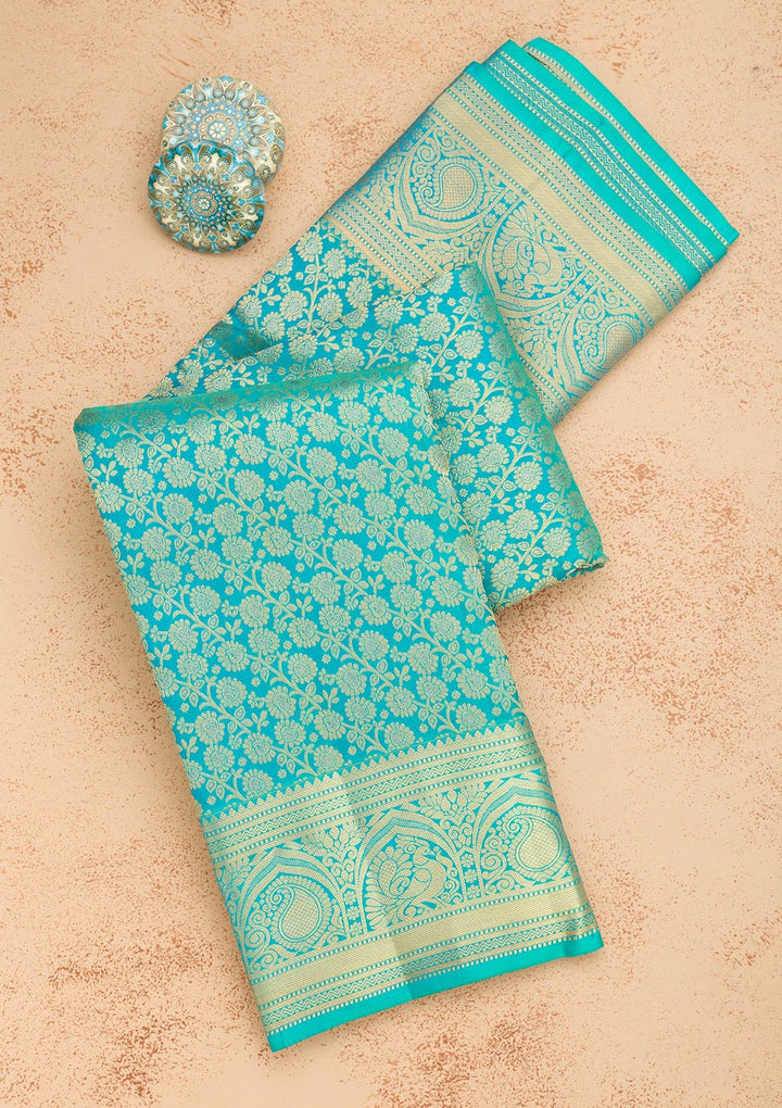 Turquoise Blue Zariwork Pure Silk Saree-Koskii