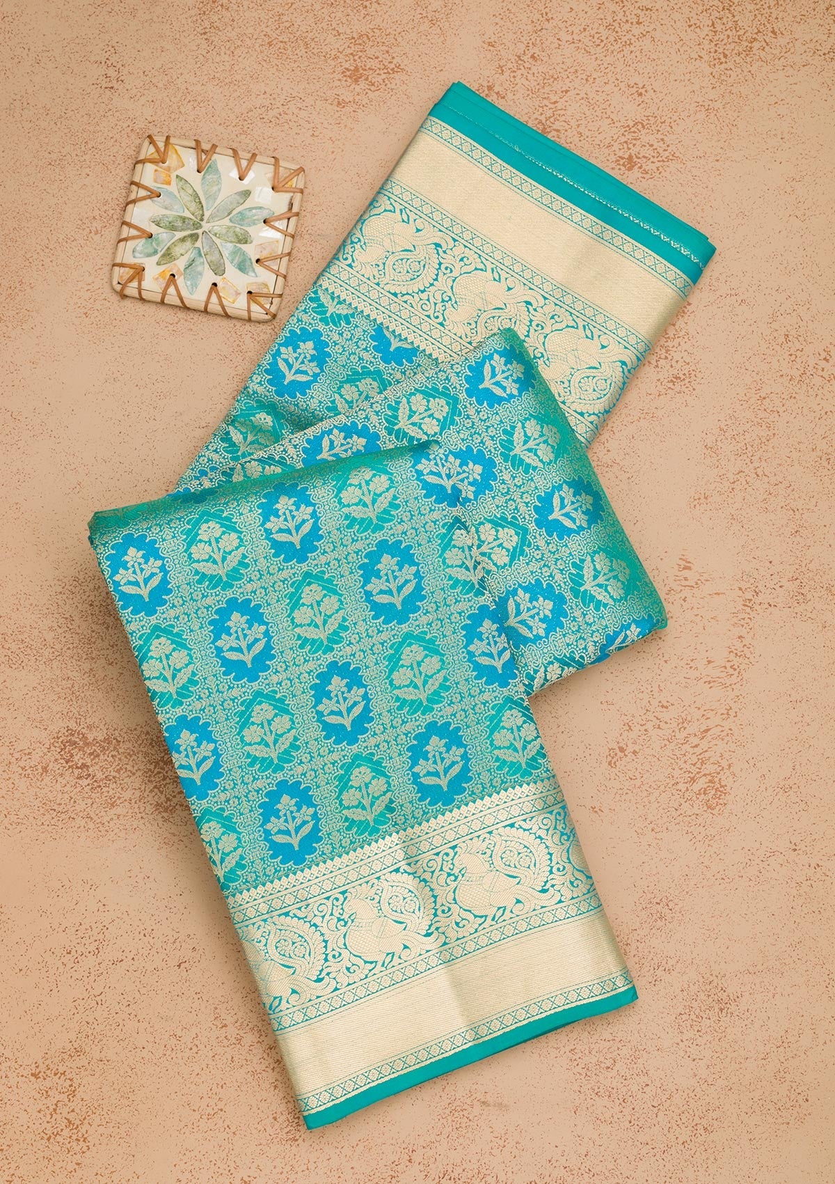 Turquoise Blue Zariwork Pure Silk Saree-Koskii