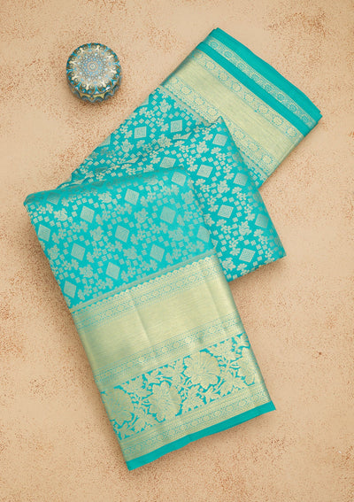 Turquoise Blue Zariwork Pure Silk Saree-Koskii