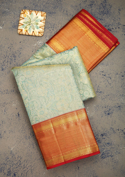 Turquoise Blue Zariwork Pure Silk Saree-Koskii