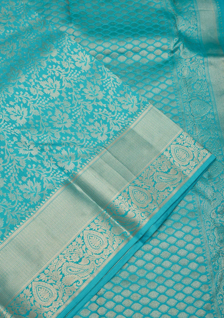 Turquoise Blue Zariwork Pure Silk Saree-Koskii