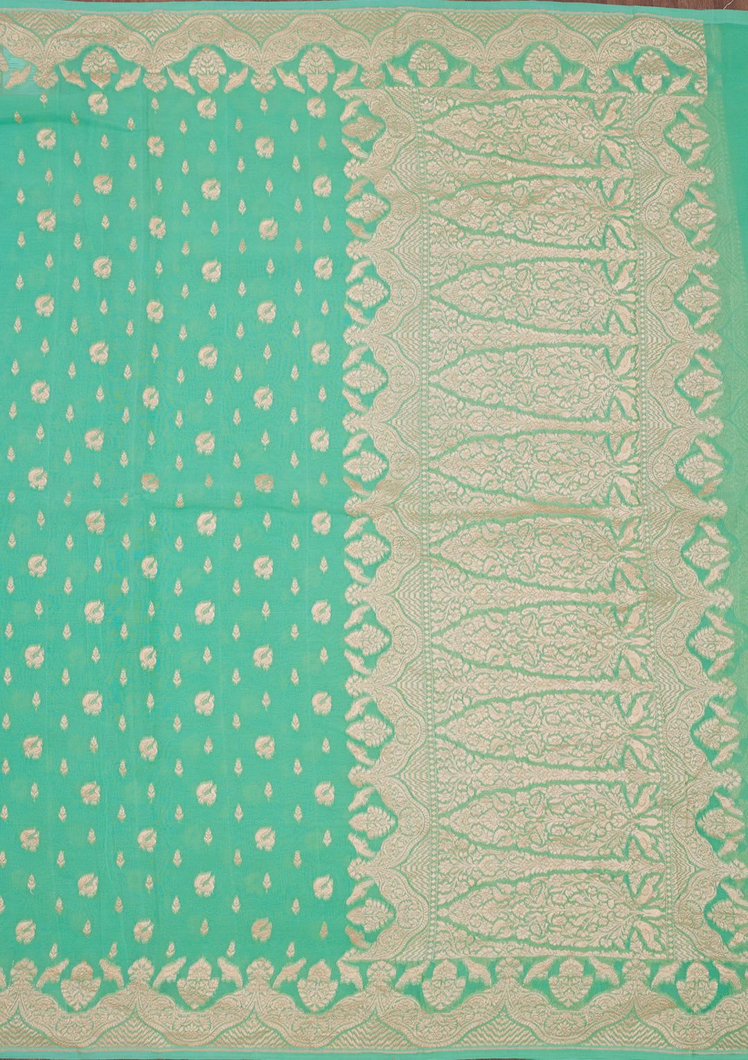 Turquoise Blue Zariwork Pure Silk Saree-Koskii