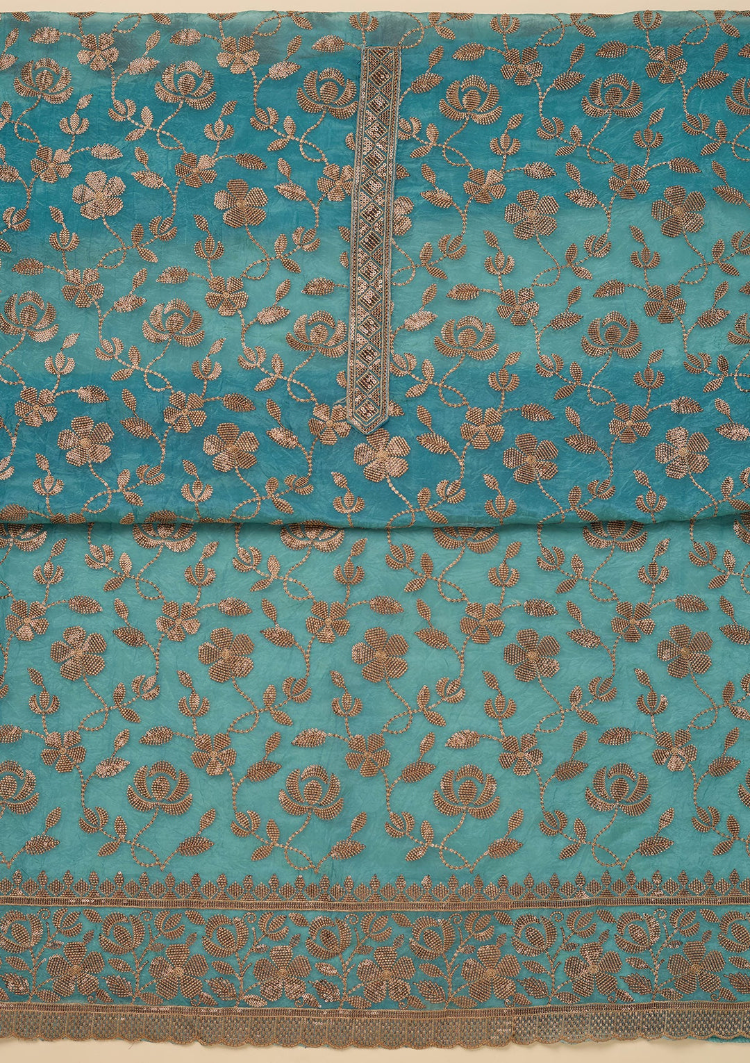 Turquoise Blue Zariwork Raw Silk Unstitched Salwar Suit-Koskii
