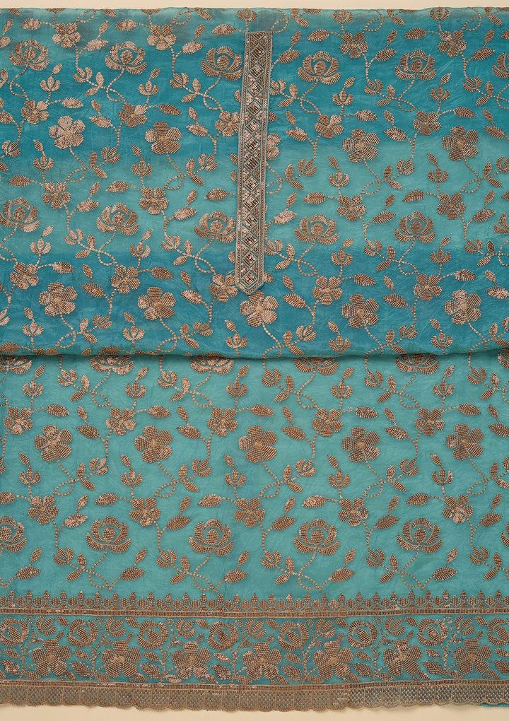 Turquoise Blue Zariwork Raw Silk Unstitched Salwar Suit-Koskii