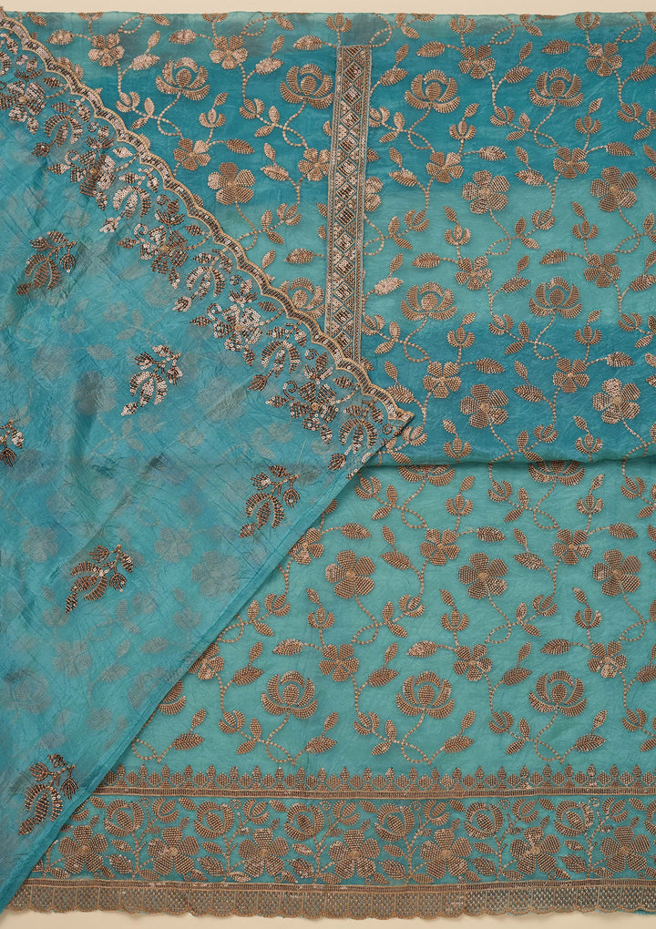 Turquoise Blue Zariwork Raw Silk Unstitched Salwar Suit-Koskii